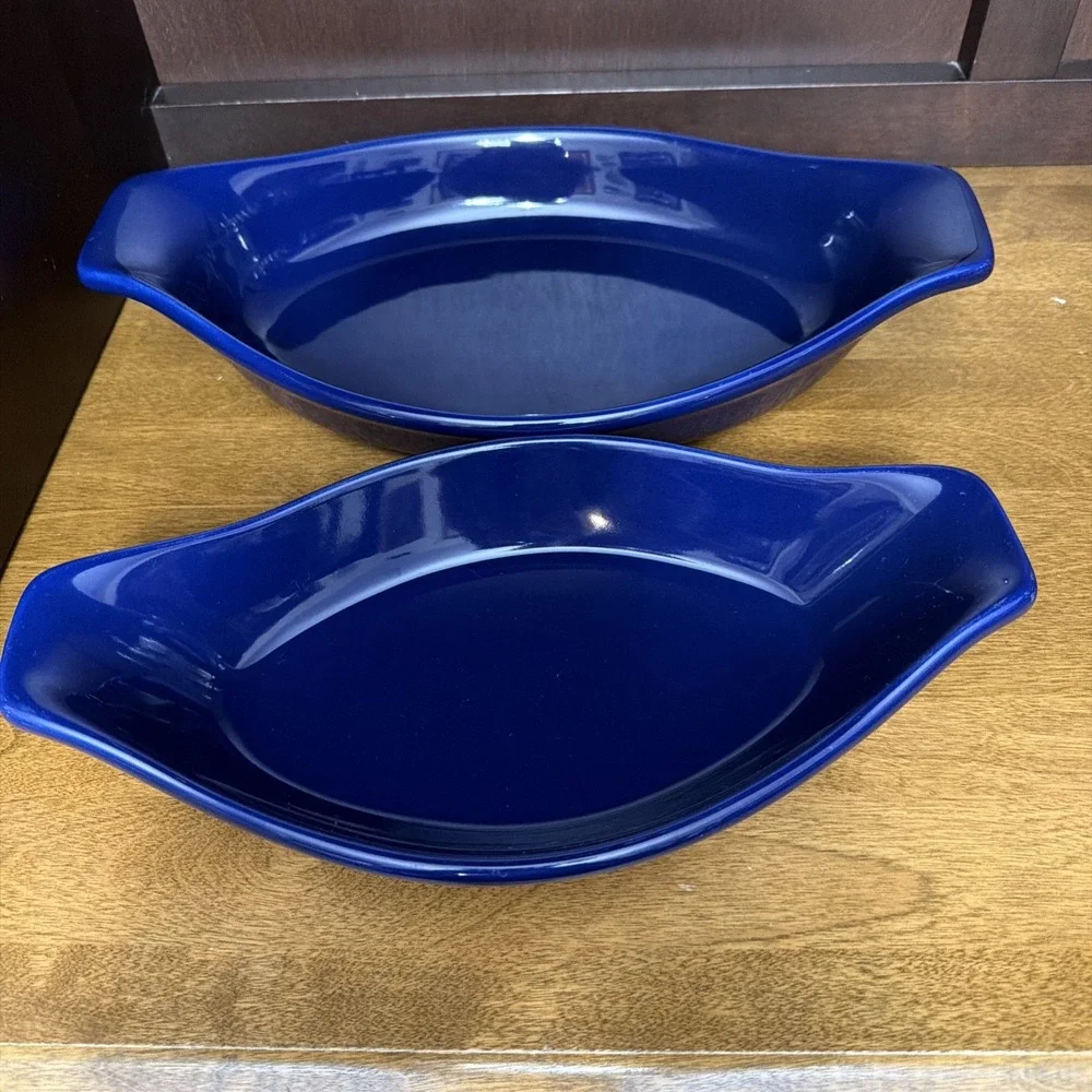 Set of 2 Chantal Cobalt Blue Au Gratin Oval Baking Dishes 1 QT & 2 Cups